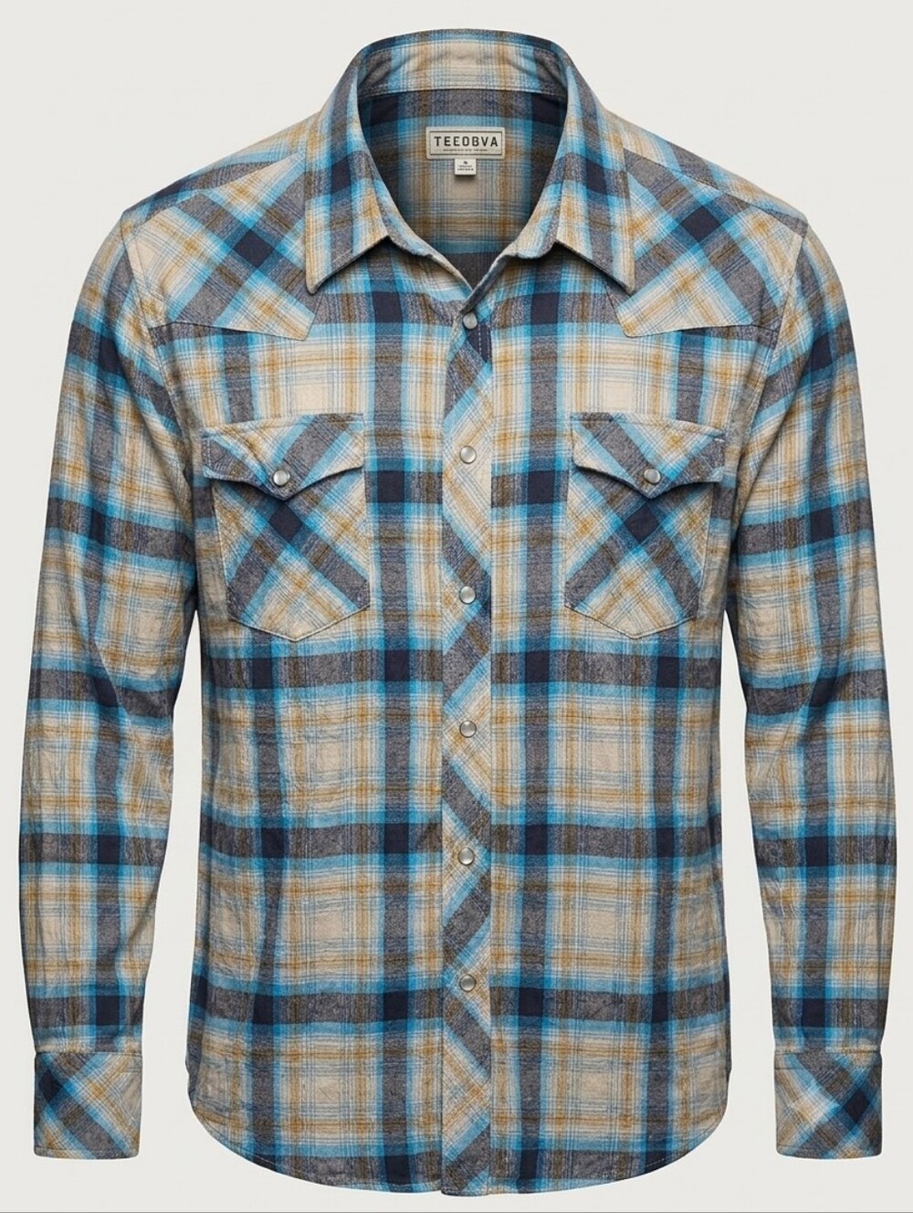 Tecovas XL Pearl Snap Western Shirt Blue Yellow Herringbone Plaid Quiet Luxury